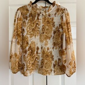 Express Cream and Brown Smocked Flutter Sleeve fairycore cottagecore Blouse LG